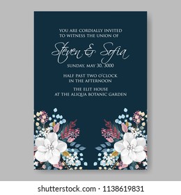 Floral wedding invitation template Vector card of white peony rose anemone fir winter christmas wreath on dark bkue background