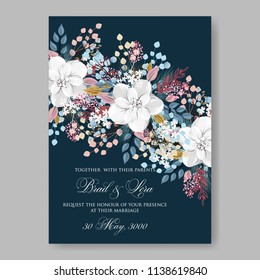 Floral wedding invitation template Vector card of white peony rose anemone fir winter christmas wreath on dark bkue background