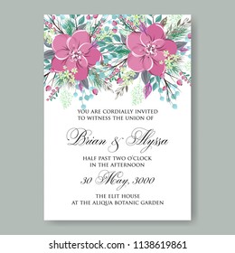 Floral wedding invitation template Vector card of pink peony poinsettia rose anemone fir winter christmas wreath