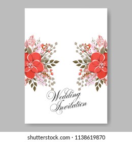 Floral wedding invitation template Vector card of red peony poinsettia rose anemone fir winter christmas wreath