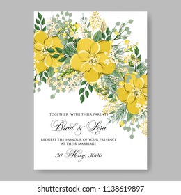 Floral wedding invitation template Vector card of lemon yellow wreath peony anemone 