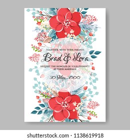 Floral wedding invitation template Vector card of peony poinsettia rose anemone fir winter christmas wreath