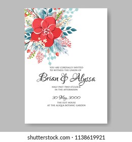 Floral wedding invitation template Vector card of peony poinsettia rose anemone fir winter christmas wreath