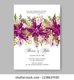 Floral wedding invitation template Vector card of violet red poinsettia  fir winter christmas wreath