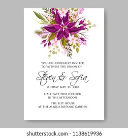 Floral wedding invitation template Vector card of violet red poinsettia  fir winter christmas wreath