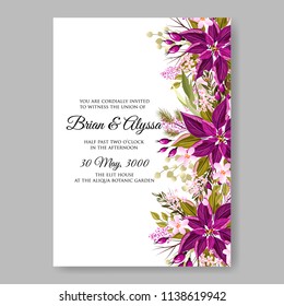 Floral wedding invitation template Vector card of violet red poinsettia  fir winter christmas wreath