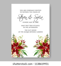 Floral wedding invitation template Vector card of peony red poinsettia winter fir greenery fir winter christmas wreath