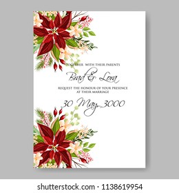 Floral wedding invitation template Vector card of peony red poinsettia winter fir greenery fir winter christmas wreath