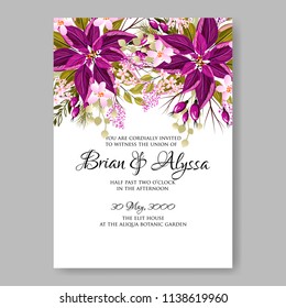 Floral wedding invitation template Vector card of violet red poinsettia  fir winter christmas wreath