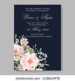 Floral wedding invitation template Vector card of pink blush peony rose anemone clematis on darl blue background