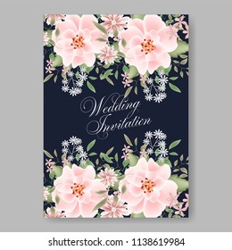 Floral wedding invitation template Vector card of pink blush peony rose anemone clematis on darl blue background