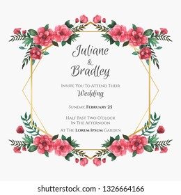 Floral wedding invitation template. Floral watercolor with red flower.