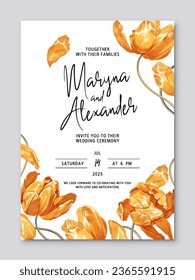 Floral wedding invitation template, yellow tulip flowers.Template design with highly detailed, vector, realistic, spring flowers. Place for text, advertisement, flyer, postcard, cover or other product