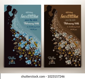 floral wedding invitation in two colors brown and light blue with a groom and bride