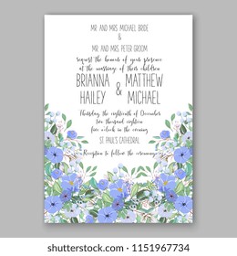 Floral wedding invitation vector blue Peony anemone ranunculus flower greenery digital background illustration template