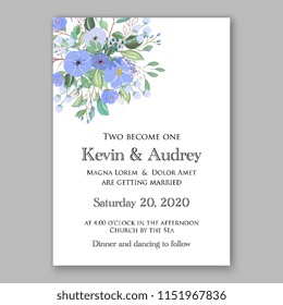 Floral wedding invitation vector blue Peony anemone ranunculus flower greenery digital background illustration template