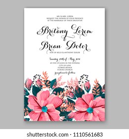 Floral wedding invitation vector card template with bridal shower bouquet of peony flowers anemone hibiscus eucalyptus hydrangea privet berry poppy in watercolor style