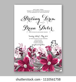 Floral wedding invitation vector card template with bridal shower bouquet of peony flowers anemone hibiscus eucalyptus hydrangea privet berry poppy in watercolor style