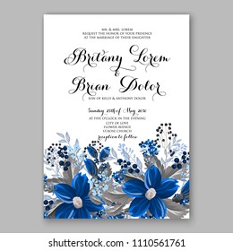 Floral wedding invitation vector card template with bridal shower bouquet of peony flowers anemone hibiscus eucalyptus hydrangea privet berry poppy in watercolor style