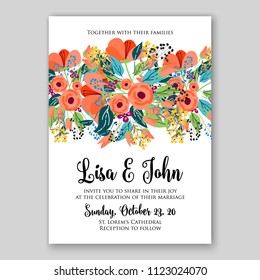 Floral wedding invitation vector card template anemone peony rose hibiscus wreath of flower
