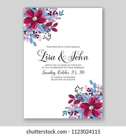 Floral wedding invitation vector card template anemone peony rose hibiscus wreath of flower