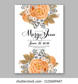 Floral wedding invitation vector card template Marriage flower background bridal shower invite, baby shower party invitation, save the date orange ranunculus