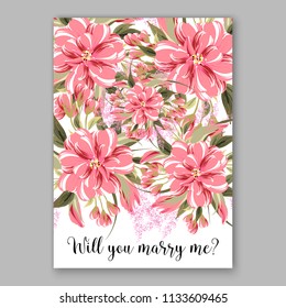 Floral wedding invitation vector card template Marriage flower background bridal shower invite, baby shower party invitation, save the date pink chyzanthemum dahlia