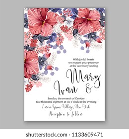 Floral wedding invitation vector card template Marriage flower background bridal shower invite, baby shower party invitation, save the date red coral hibiscus Aloha party Luau trofical