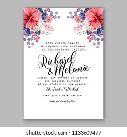 Floral wedding invitation vector card template Marriage flower background bridal shower invite, baby shower party invitation, save the date red coral hibiscus Aloha party Luau trofical