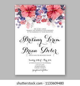 Floral wedding invitation vector card template Marriage flower background bridal shower invite, baby shower party invitation, save the date red coral hibiscus Aloha party Luau trofical