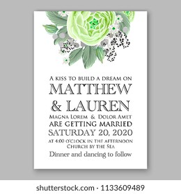 Floral wedding invitation vector card template Marriage flower background bridal shower invite, baby shower party invitation, save the date green rose peony ranunculus