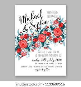 Floral wedding invitation vector card template Marriage flower background bridal shower invite, baby shower party invitation, save the date red rose poppy peony anemone fir winter wreath