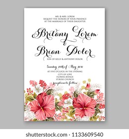 Floral wedding invitation vector card template Marriage flower background bridal shower invite, baby shower party invitation, save the date tropical aloha redhibiscus