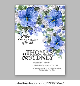 Floral wedding invitation vector card template Marriage flower background bridal shower invite, baby shower party invitation, save the date tropical blue hibiscus aloha