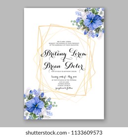 Floral wedding invitation vector card template Marriage flower background bridal shower invite, baby shower party invitation, save the date tropical blue hibiscus aloha