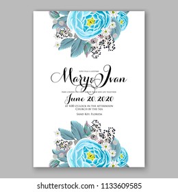 Floral wedding invitation vector card template Marriage flower background bridal shower invite, baby shower party invitation, save the date mint blue rose ranunculus peony