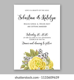 Floral wedding invitation vector card template Marriage flower background bridal shower invite, baby shower party invitation, save the date yellow rose peony chrysanthemum sunflower