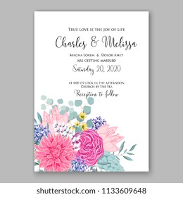 Floral wedding invitation vector card template Marriage flower background bridal shower invite, baby shower party invitation, save the date pink chrysanthemum peony
