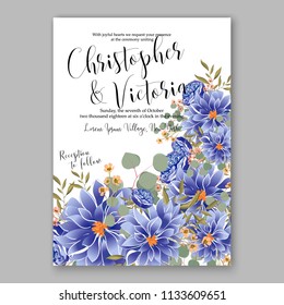 Floral wedding invitation vector card template Marriage flower background bridal shower invite, baby shower party invitation, save the date blue chrysanthemum peony