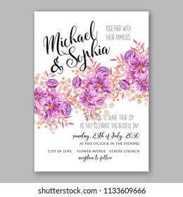 Floral wedding invitation vector card template Marriage flower background bridal shower invite, baby shower party invitation, save the date purple violet chrysanthemum