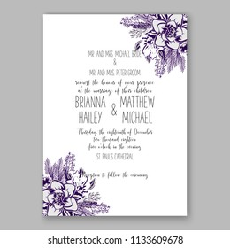 Floral wedding invitation vector card template Marriage flower background bridal shower invite, baby shower party invitation, save the date purple violet chrysanthemum