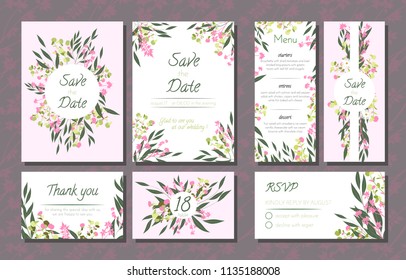 Floral Wedding Invitation with Vector Eucalyptus Leaves, Forest Herbs, Elegant Decorative Flowers. Vintage Invite, Menu, Rsvp, Thank You Label. Save the Date Card. Wedding Invitation in Pastel Colors.