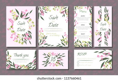 Floral Wedding Invitation with Vector Eucalyptus Leaves, Forest Herbs, Elegant Decorative Flowers. Vintage Invite, Menu, Rsvp, Thank You Label. Save the Date Card. Wedding Invitation in Pastel Colors.