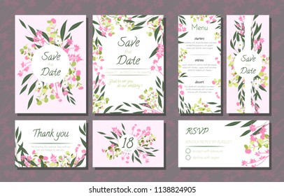 Floral Wedding Invitation with Vector Eucalyptus Leaves, Forest Herbs, Elegant Decorative Flowers. Vintage Invite, Menu, Rsvp, Thank You Label. Save the Date Card. Wedding Invitation in Pastel Colors.