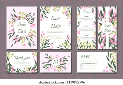 Floral Wedding Invitation with Vector Eucalyptus Leaves, Forest Herbs, Elegant Decorative Flowers. Vintage Invite, Menu, Rsvp, Thank You Label. Save the Date Card. Wedding Invitation in Pastel Colors.