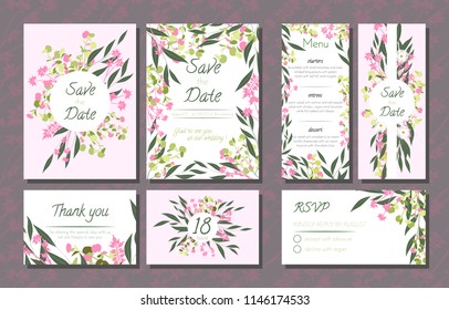 Floral Wedding Invitation with Vector Eucalyptus Leaves, Forest Herbs, Elegant Decorative Flowers. Vintage Invite, Menu, Rsvp, Thank You Label. Save the Date Card. Wedding Invitation in Pastel Colors.