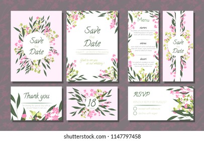 Floral Wedding Invitation with Vector Eucalyptus Leaves, Forest Herbs, Elegant Decorative Flowers. Vintage Invite, Menu, Rsvp, Thank You Label. Save the Date Card. Wedding Invitation in Pastel Colors.
