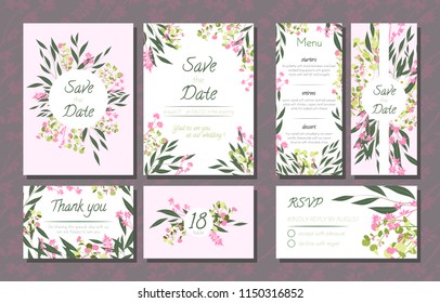 Floral Wedding Invitation with Vector Eucalyptus Leaves, Forest Herbs, Elegant Decorative Flowers. Vintage Invite, Menu, Rsvp, Thank You Label. Save the Date Card. Wedding Invitation in Pastel Colors.