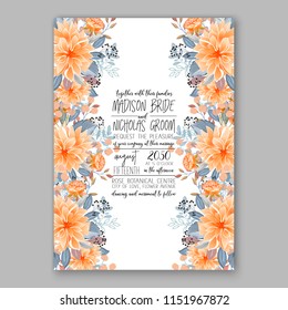 Floral wedding invitation vector orange Peony golden-daisy flower greenery digital background illustration template