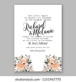 Floral wedding invitation vector peach orange Peony rose ranunculus flower greenery digital background illustration template